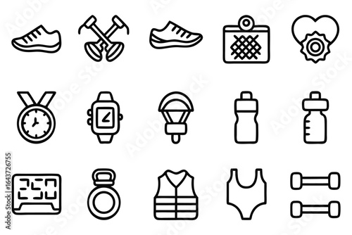Fitness and Sports Equipment Icon Set exercise running shoes