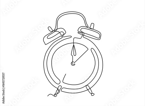 Vintage alarm clock in single line draw illustration. Continuous one line drawing of table clock. Editable stroke.Hand drawn one line vector. 