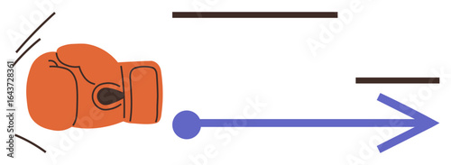 Orange boxing glove with bold lines and dynamic motion paired with a blue forward-moving arrow. Ideal for competition, strength, success, motivation, resilience, sports, leadership. Simple flat