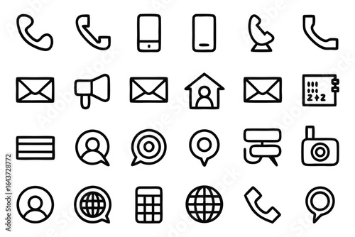 Group of communication and contact related line art icons on white background phone