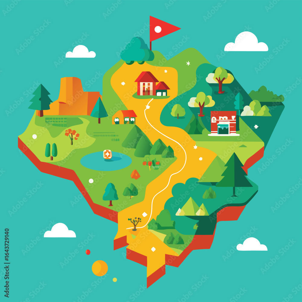 Flat design isometric illustration of a stylized island map with villages, trees, hills, and a winding path leading to a flag Flat design isometric illustration of a stylized island map with villages, trees, hills, and a winding path leading to a flag