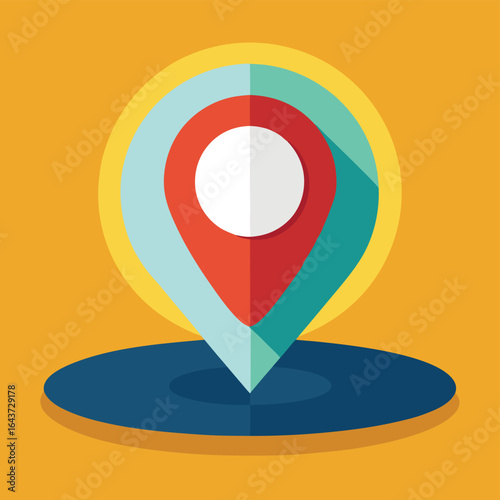 Flat design icon of a map location pin marker with a shadow, symbolizing navigation, search, and destination finding