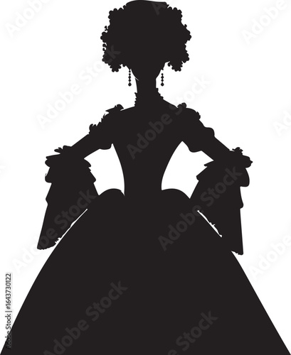 A black silhouette of a 1800 russia fashion woman in an elegant, large gown and elaborate hairstyle, reminiscent of 18th-century European fashion, standing in a poised pose.