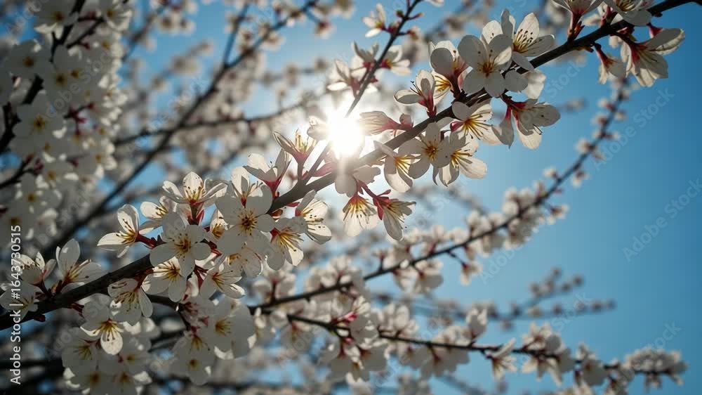 Blooming cherry blossoms under bright sunlight on clear blue sky Blooming cherry blossoms under bright sunlight on clear blue sky