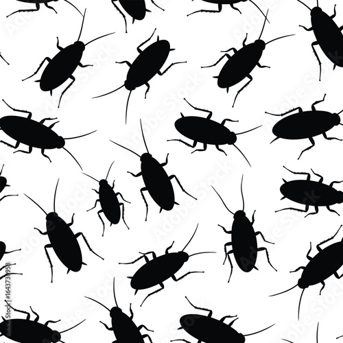 Seamless pattern of various cockroach silhouettes, symbolizing pests, insects, and hygiene issues on a white background.