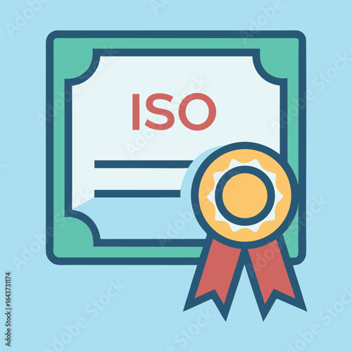An official certificate with an iso designation and a golden medal with a red ribbon, symbolizing achievement and recognition
