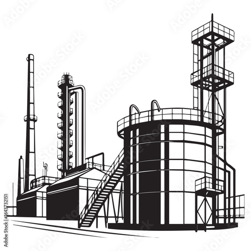 Detailed black and white illustration of a large industrial complex with towering distillation columns and storage tanks against a white background