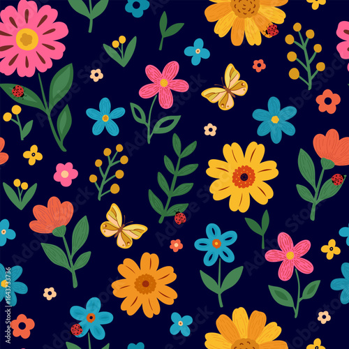 Seamless vibrant floral pattern with colorful blooms with butterfly and lagybug