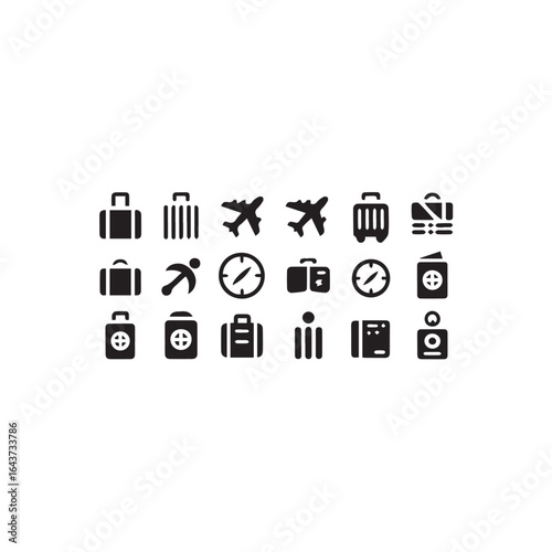 Collection of various travel related glyphs in a grid arrangement icon set
