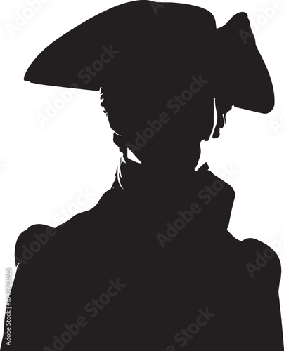 A black silhouette of a 1800 russia fashion man wearing a tricorn hat, suggesting a historical figure from the 18th century, possibly a military officer or a civilian gentleman of that era.