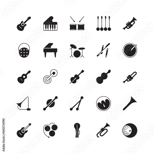 Collection of musical instruments in black and white vector format icon set