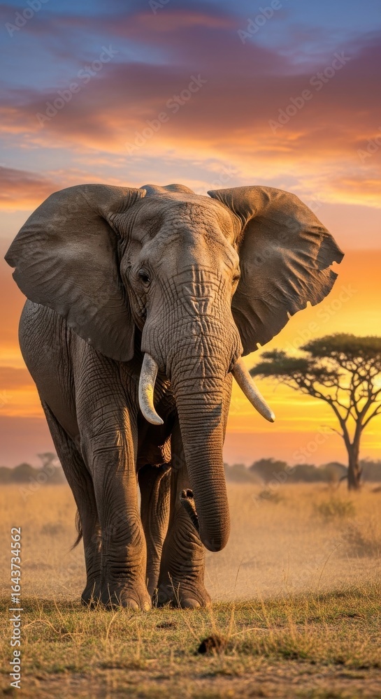 Obraz premium Majestic african elephant portrait against sunset savanna backdrop