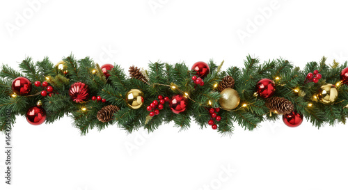 Elegant festive garland with fir, red & gold ornaments, pine cones, berries, warm LED lights, on transparent studio background with copy space, clean corporate holiday celebration concept