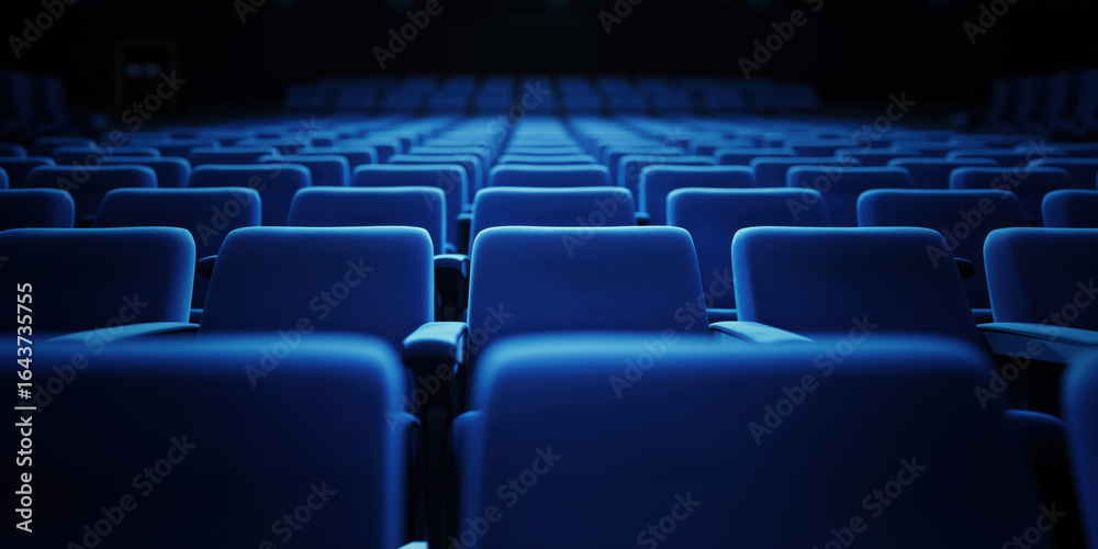 Fototapeta premium Rows of blue upholstered seats in dimly lit auditorium create serene atmosphere