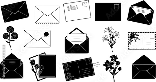 Illustrations of envelopes, postcards, and flowers for various communication themes