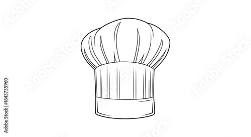 Black and white line drawing of a traditional chef's hat with detailed folds and lines