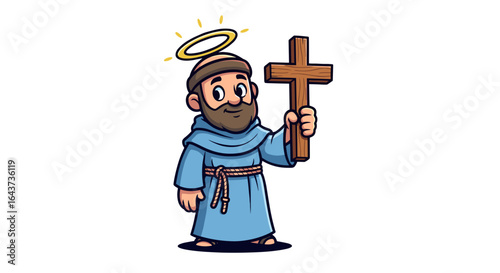 Joyful Saint Francis Holding Wooden Cross with Golden Halo Isolated on Transparent Background