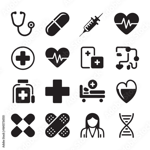 Collection of medical related glyphs arranged in a square formation icon set