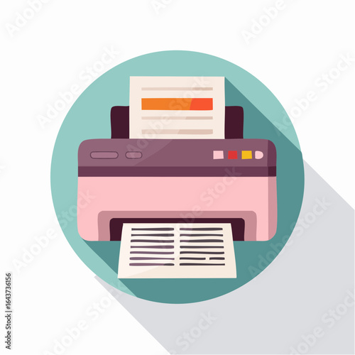 Modern Printer Vector Illustration with Printed Page On Turquoise Circle