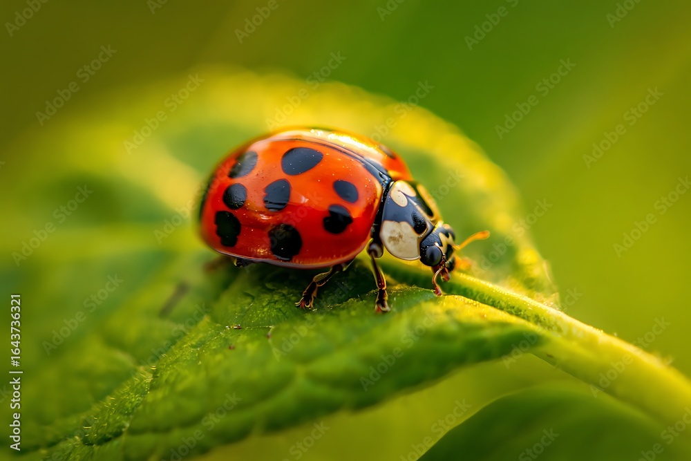 Obraz premium Close up of a red ladybug with black spots on a green leaf