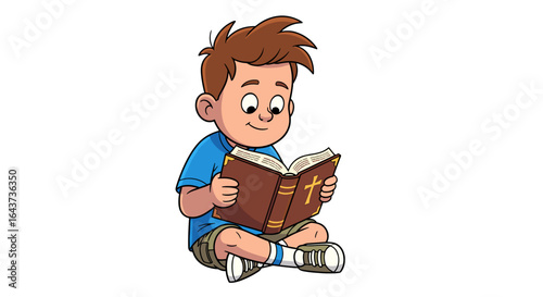 Joyful Young Boy Happily Reading Holy Bible Isolated on Transparent Background Peaceful Devotion