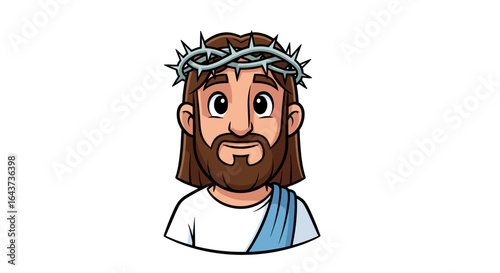 Friendly Cartoon Jesus Character Wearing Crown of Thorns isolated on transparent background for religious illustration