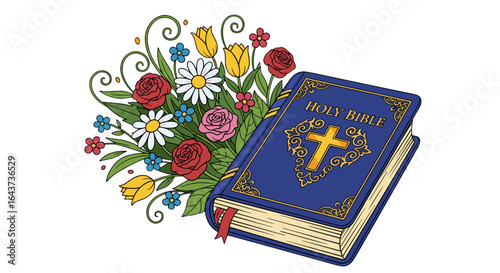 Sacred Holy Bible Book with Beautiful Flower Bouquet Isolated on Transparent Background for Spiritual Celebration