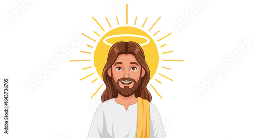 Joyful Jesus Christ smiling with halo and sun rays isolated on transparent background