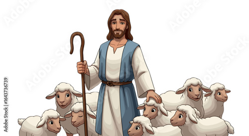 Jesus Christ the Shepherd Caring for His Flock Peaceful Divine Guidance and Love isolated on transparent background