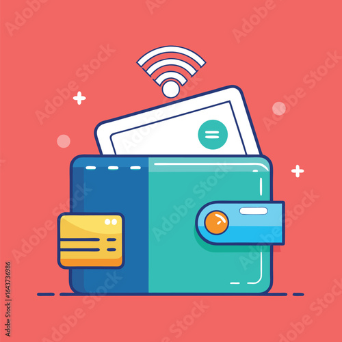 Digital wallet with credit card and wifi symbol for contactless payment and financial technology