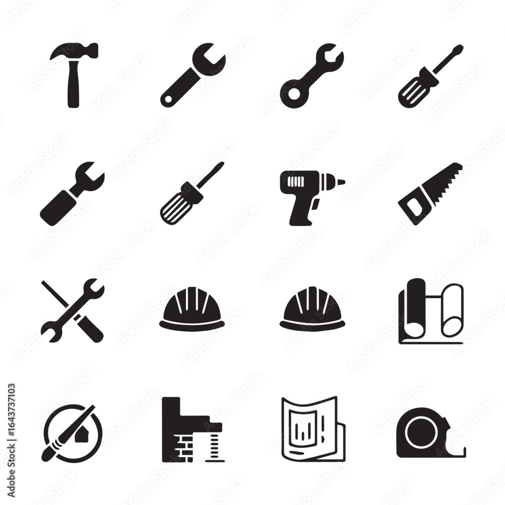 Obraz premium Assorted construction and repair tools and equipment black glyphs grid icon set