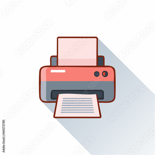 Modern Red Printer Icon with Paper Output and Long Shadow on White