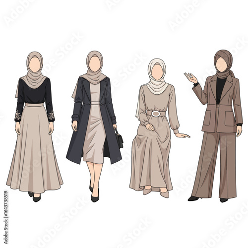 Four stylized illustrations of women wearing modest clothing and hijabs, posing.
