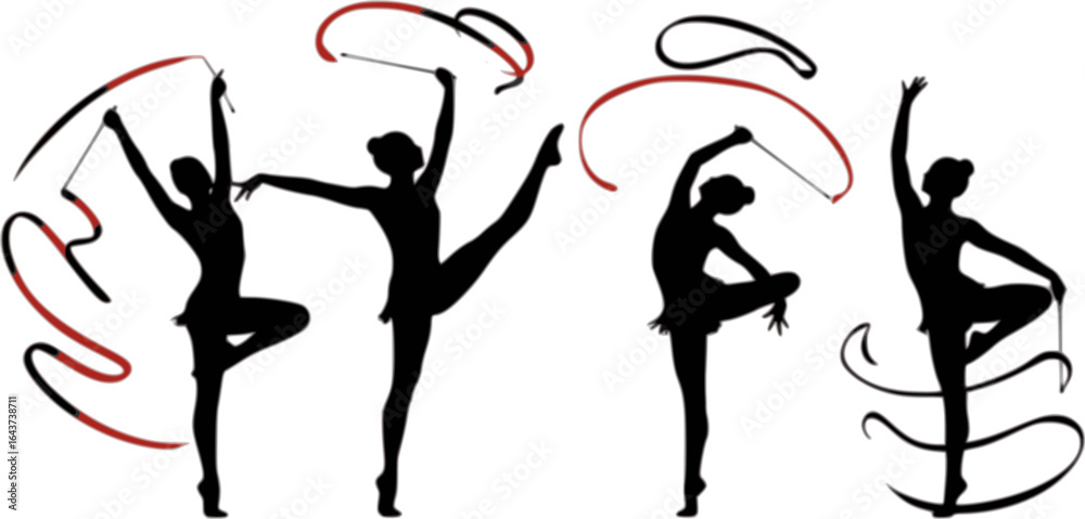 Fototapeta premium Rhythmic Gymnastics Ribbon Silhouette Vector Set – Elegant Athlete Poses on White Background