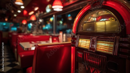 Classic American diner with vintage jukebox playing music, retro chrome and red vinyl interior, warm nostalgic lighting, shot with 24mm wide angle lens, vibrant retro color grading with enhanced reds 
