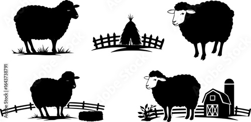 Solid black silhouette vector set on white background featuring sheep-themed icons: adult sheep, lamb, wool fleece, grazing sheep, sheep head profile, sheep footprints, 