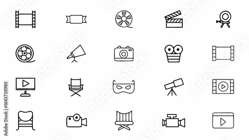 A professional collection of clean line art icons representing all aspects of video creation and filmmaking. Perfect for production studios, creative portfolios, and media agency branding