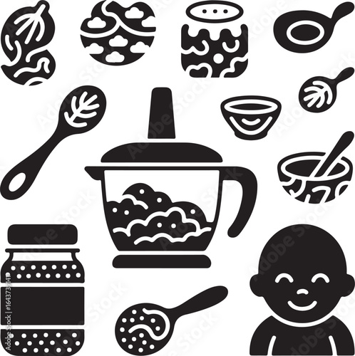 baby, food, preparation, infant, nutrition, homemade, puree, weaning, healthy, meal, children, kitchen, solid, icon, set, vector