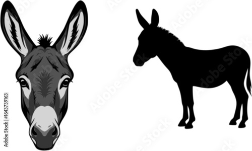 Illustration showing a donkey face and a donkey silhouette in black and white color scheme design editable vector