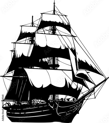 sailing ship silhouette, black and white silhouette, vector and illustration