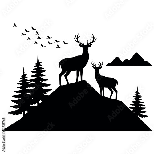 An artistic silhouette of a wild deer with majestic antlers walking in a forest, captured in a detailed vector illustration