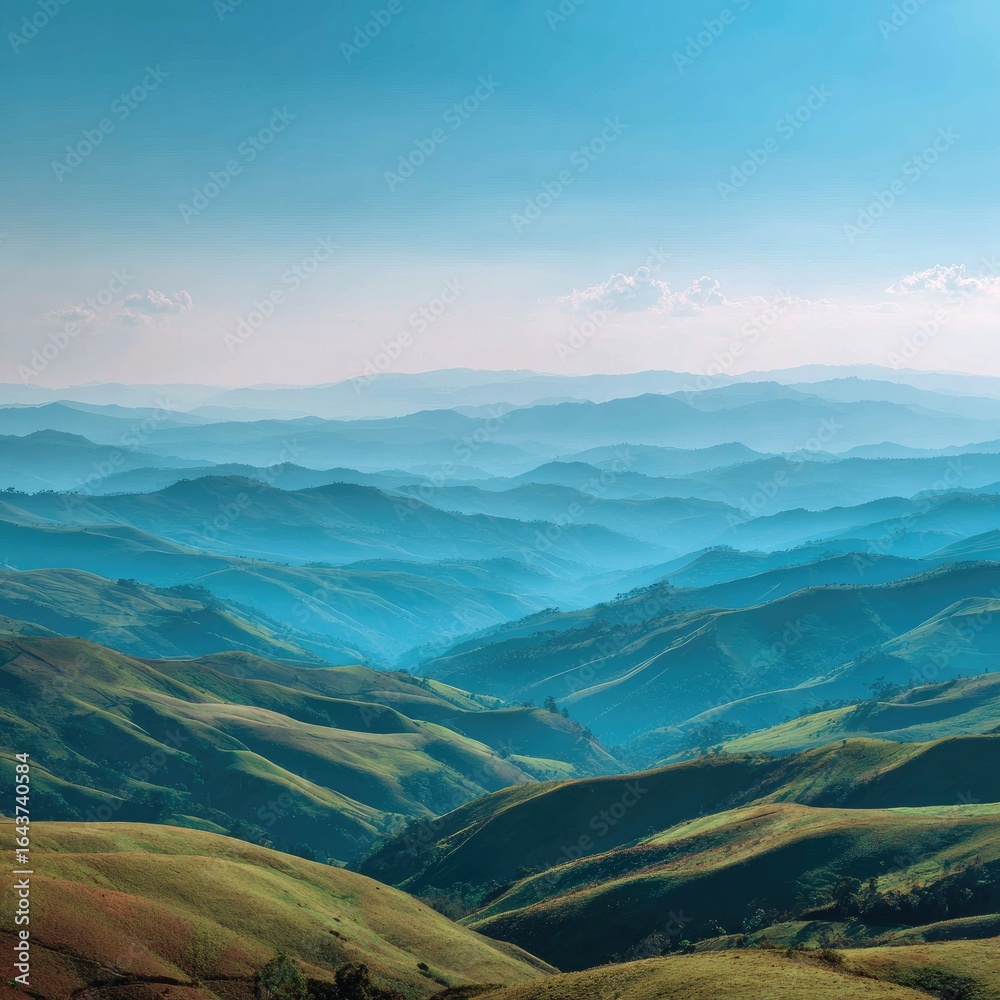Fototapeta premium Vast, hazy mountain ranges bathed in soft light