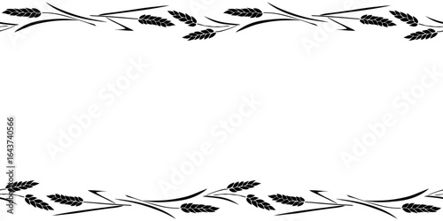 Vector Background, frame made of black wheat or rye ears in flat style. Horizontal top and bottom edging, border, decoration on theme of bakery products, flour, harvest, thanksgiving
