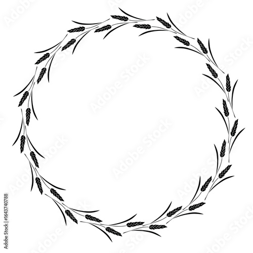 Round frame made of black wheat or rye ears. Vector autumn wreath, border hand drawn in flat style, isolated on white background