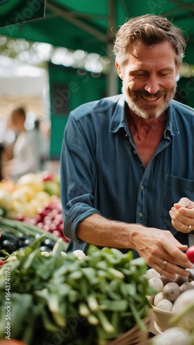Local farmer selecting fresh vegetables at the market in a vibrant outdoor setting