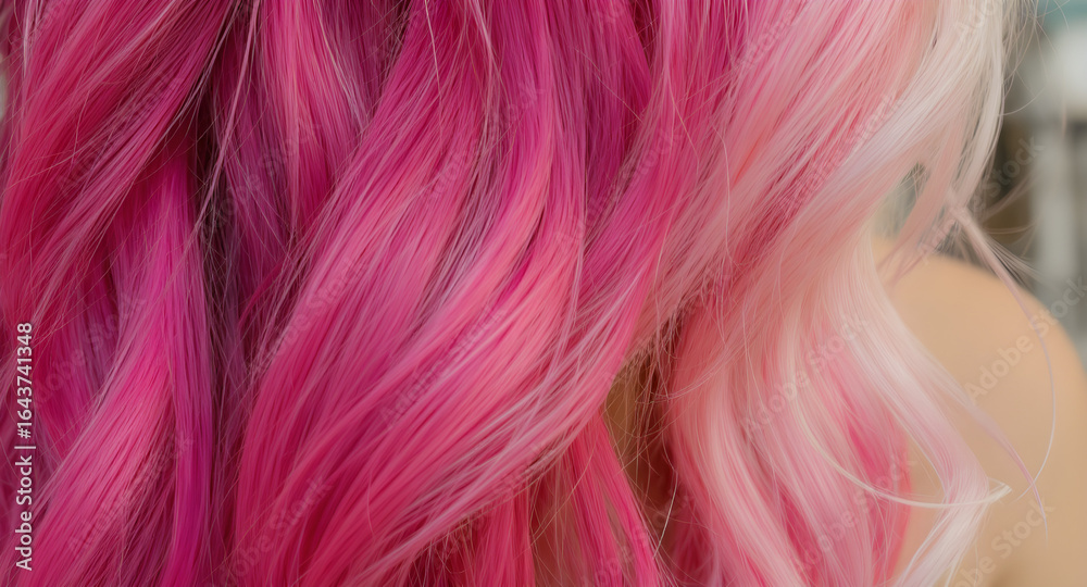 Naklejka premium Close-up shot of vibrant pink and white ombre hair flowing with soft, natural waves, demonstrating advanced hair coloring and styling techniques for modern beauty and fashion