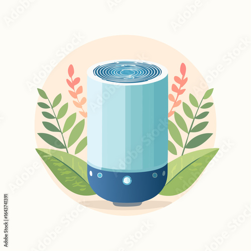 Modern Air Purifier with Botanical Elements and Blue Accents on White