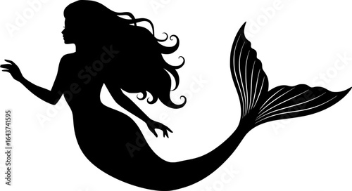 Black and white mermaid silhouette illustration for fantasy and ocean-themed designs.