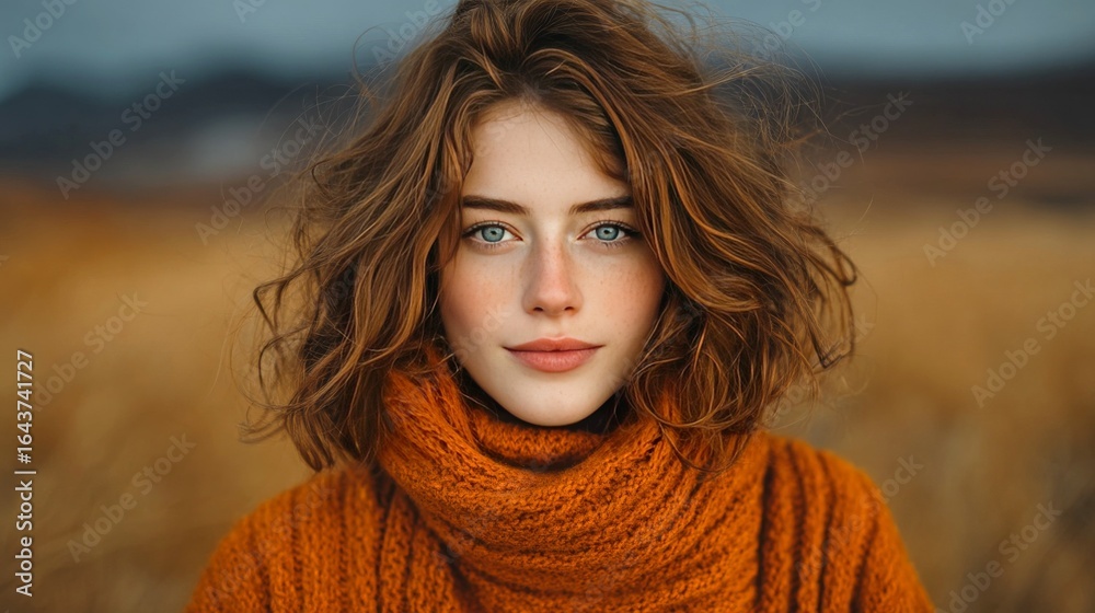 Fototapeta premium A woman with brown hair and a red scarf is standing in a field. She has a smile on her face and her eyes are closed