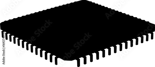Black silhouette of a computer microchip component with pins on all sides